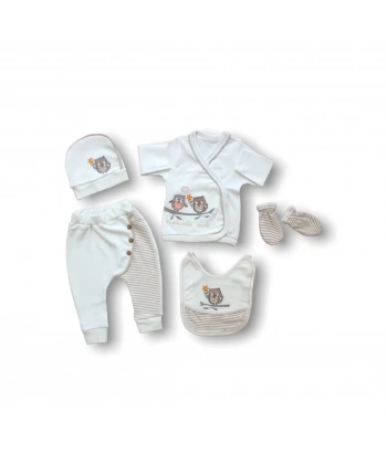 Romantik Çift Baykuş Nakışlı  5li Zıbın Takımı Hastane Çıkışı Ekru