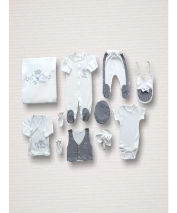 Süper Prens Nakışlı  10lu Zıbın Takımı Hastane Çıkışı Gri