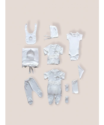 Taçlı Prensesim Nakışlı  10lu Zıbın Takımı Hastane Çıkışı Ekru