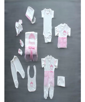 Taçlı Prensesim Nakışlı  10lu Zıbın Takımı Hastane Çıkışı Pembe