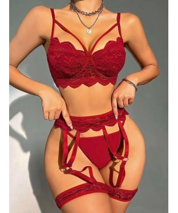 Transparan Bordo Dantel İşlemeli Sütyenli Jartiyer Takımı