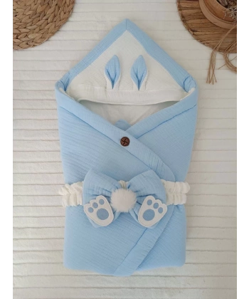 Yenidoğan 4 Kat Müslin Kumaş Kulaklı Patili Fiyonk Bebek Battaniyesi Kundak Mavi