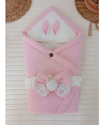 Yenidoğan 4 Kat Müslin Kumaş Kulaklı Patili Fiyonk Bebek Battaniyesi Kundak Pembe