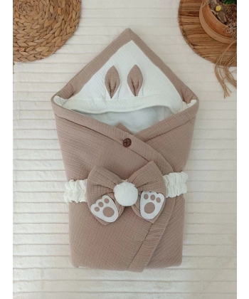 Yenidoğan 4 Kat Müslin Kumaş Kulaklı Patili Fiyonk Bebek Battaniyesi Kundak Yeşil