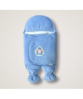 Yenidoğan Araba Nakışlı Fitilli Kadife Ayaklı Erkek Bebek Kundak Mavi
