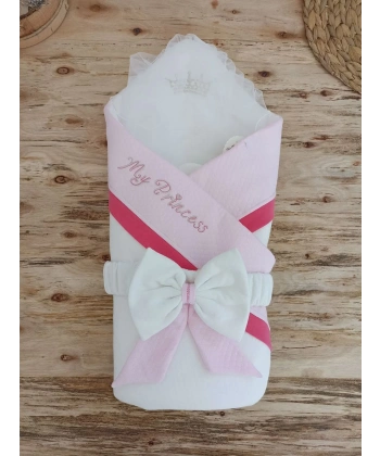 Yenidoğan Bal Peteği My Prince Taç Nakışlı Delüks Kundak Bebek Battaniyesi Pembe
