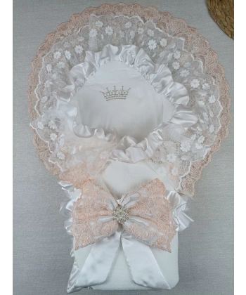 Yenidoğan Bal Peteği Taç Nakışlı Lüks Kundak Bebek Battaniyesi Ekru