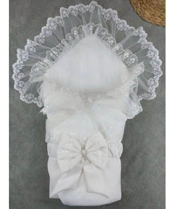 Yenidoğan Bambu Taç Nakışlı Delüks Kundak Bebek Battaniyesi Ekru