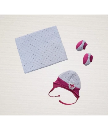 Yenidoğan Baskılı Double Face Şapka Ve Patikli 3lü Bebek Battaniye Takımı Fuşya