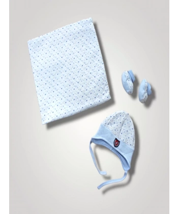 Yenidoğan Baskılı Double Face Şapka Ve Patikli 3lü Bebek Battaniye Takımı Mavi