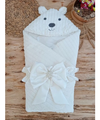 Yenidoğan Beyaz Wool Yün Kumaş Ayıcık Kulaklı Kundak Bebek Battaniyesi Beyaz
