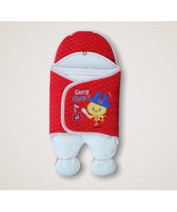 Yenidoğan Cesur Şovalye Civciv Nakışlı Şapkalı Erkek Ayaklı Kundak Bebek Battaniyesi Kırmızı