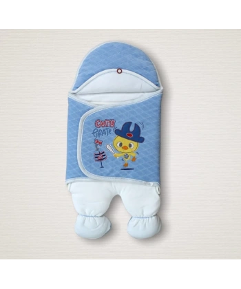 Yenidoğan Cesur Şovalye Civciv Nakışlı Şapkalı Erkek Ayaklı Kundak Bebek Battaniyesi Mavi