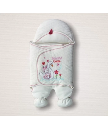 Yenidoğan Çiçekli Ördek Nakışlı Şapkalı Kız Bebek Ayaklı Kundak Bebek Battaniyesi Ekru