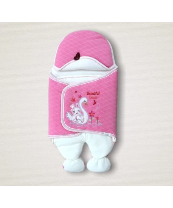 Yenidoğan Çiçekli Ördek Nakışlı Şapkalı Kız Bebek Ayaklı Kundak Bebek Battaniyesi Pembe