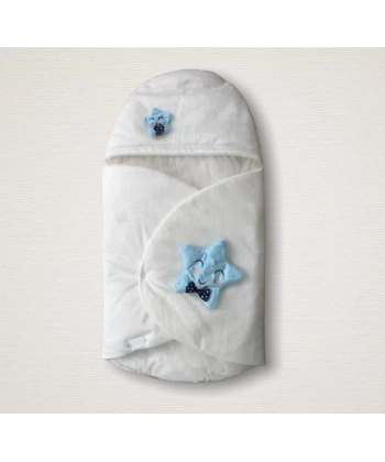 Yenidoğan Çift Yıldız Detaylı Şapkalı Duvaklı Erkek Bebek Klasik Kundak Bebek Battaniyesi Ekru