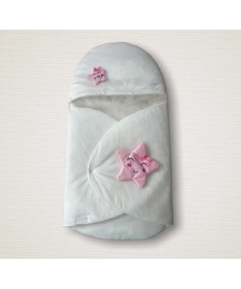 Yenidoğan Çift Yıldız Detaylı Şapkalı Duvaklı Kız Bebek Klasik Kundak Bebek Battaniyesi Ekru