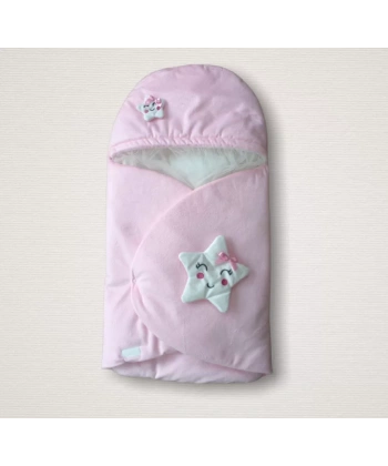 Yenidoğan Çift Yıldız Detaylı Şapkalı Duvaklı Kız Bebek Klasik Kundak Bebek Battaniyesi Pembe