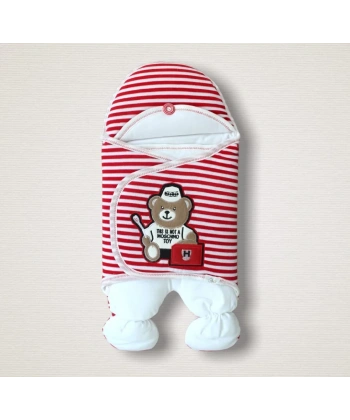 Yenidoğan Dr. Ayıcık Nakışlı Kız-erkek Bebek Ayaklı Kundak Bebek Battaniyesi Kırmızı