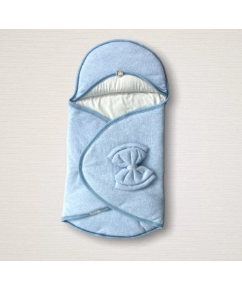 Yenidoğan Düğme Detaylı Çizgi Efektli Çift Fiyonk Klasik Kundak Bebek Battaniyesi Mavi