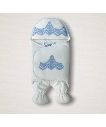Yenidoğan Fistolu Fiyonk Kurdelalı Şapkalı Lüks Kız Erkek Bebek Ayaklı Kundak Bebek Battaniyesi Mavi