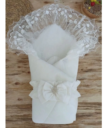 Yenidoğan Gelinlik Duvaklı Trilüks Kundak Bebek Battaniyesi Ekru