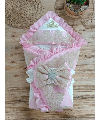 Yenidoğan Grand Lüks Kelebek Ağır Güpür İşlemeli Şapkalı Bebek Battaniyesi Kundak Pembe