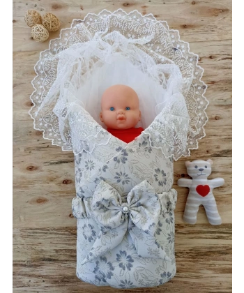 Yenidoğan Gül Sedefli Duvaklı Taş Fiyonk Erkek Bebek Kumru Kundak Bebek Battaniyesi Lacivert