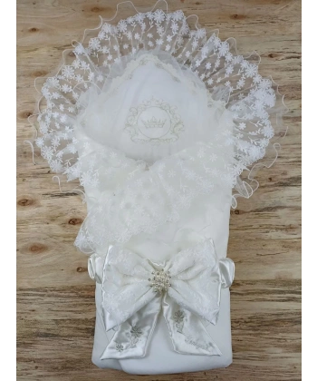 Yenidoğan İpek Venüs Taç Nakışlı Delüks Kundak Bebek Battaniyesi Ekru