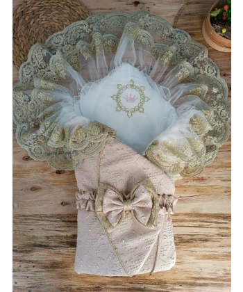 Yenidoğan Kabartma Desenli Gold Çift Güpürlü Bebek Battaniyesi Kundak Gold