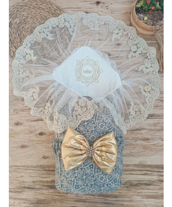 Yenidoğan Kabartma Desenli Gold Fiyonklu Güpürlü Bebek Battaniyesi Kundak Gold