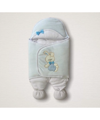 Yenidoğan Kadife Kumaş Ayıcık Nakışlı Şapkalı Kız Erkek Bebek Ayaklı Kundak Bebek Battaniyesi Mavi