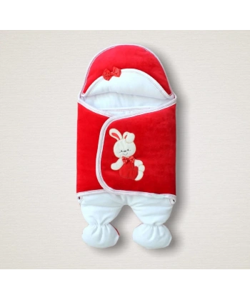 Yenidoğan Kadife Kumaş Ayıcık Nakışlı Şapkalı Kız Erkek Bebek Ayaklı Kundak Bebek Battaniyesi Kırmızı