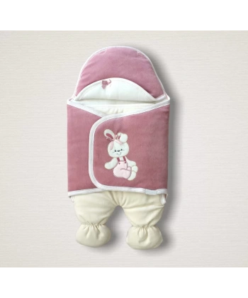 Yenidoğan Kadife Kumaş Ayıcık Nakışlı Şapkalı Kız Erkek Bebek Ayaklı Kundak Bebek Battaniyesi Gül Kurusu