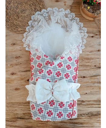 Yenidoğan Kar Tanesi Desenli Dantelli Duvaklı Bebek Battaniyesi Kundak Ekru