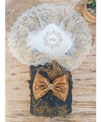 Yenidoğan Kendinden Desenli Krom Fiyonklu Bebek Battaniyesi Kundak Bakır