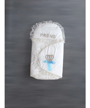 Yenidoğan Kral Taç Nakışlı Kundak Erkek Bebek Battaniyesi Ekru