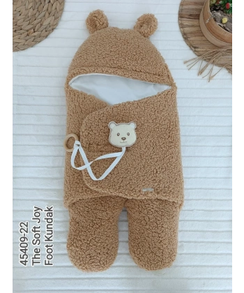 Yenidoğan Kulaklı Şapkalı Açılır Kucaklı Cırt Kapamalı Ayaklı Bebek Battaniyesi Kundak Kahverengi