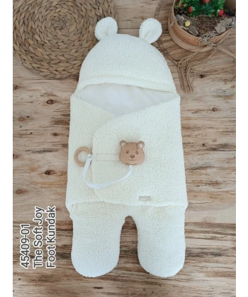 Yenidoğan Kulaklı Şapkalı Açılır Kucaklı Cırt Kapamalı Ayaklı Bebek Battaniyesi Kundak Krem