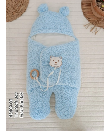 Yenidoğan Kulaklı Şapkalı Açılır Kucaklı Cırt Kapamalı Ayaklı Bebek Battaniyesi Kundak Mavi