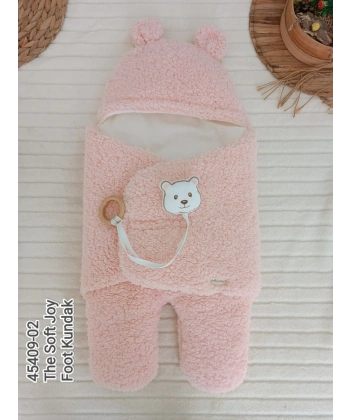 Yenidoğan Kulaklı Şapkalı Açılır Kucaklı Cırt Kapamalı Ayaklı Bebek Battaniyesi Kundak Pembe
