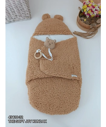 Yenidoğan Kulaklı Şapkalı Açılır Kucaklı Cırt Kapamalı Bebek Battaniyesi Kundak Kahverengi