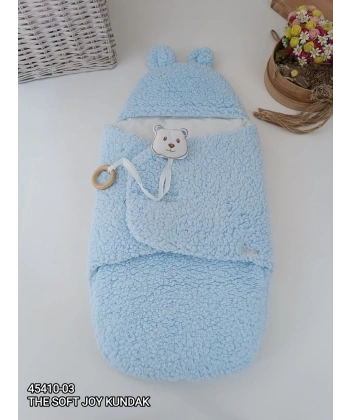 Yenidoğan Kulaklı Şapkalı Açılır Kucaklı Cırt Kapamalı Bebek Battaniyesi Kundak Mavi