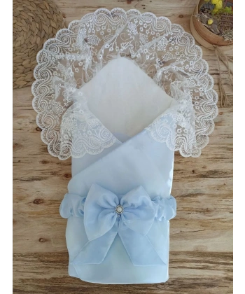 Yenidoğan Kumru İnci Fiyonk Kristal Parlak Duvaklı Kundak Bebek Battaniyesi Mavi