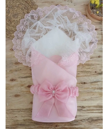 Yenidoğan Kumru İnci Fiyonk Kristal Parlak Duvaklı Kundak Bebek Battaniyesi Pembe