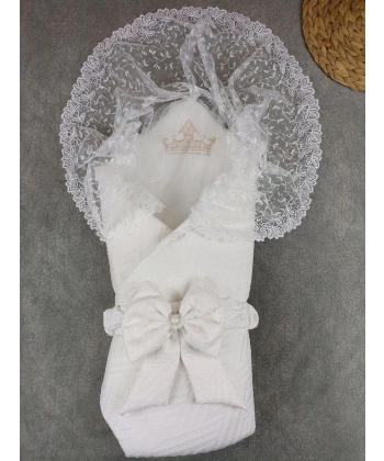 Yenidoğan Kumru Plazma Taçlı Lüks Kundak Bebek Battaniyesi Ekru