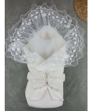 Yenidoğan Kumru Soft Cotton Taç Nakışlı Trilüks Kundak Bebek Battaniyesi Ekru