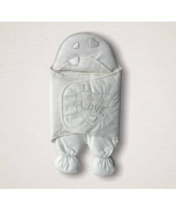 Yenidoğan Lüks Üç Kalp Love Nakışlı Kız Bebek Ayaklı Kundak Bebek Battaniyesi Ekru