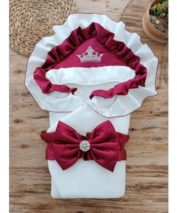Yenidoğan Mehtap Lüks Kelebek Taç Nakışlı Bebek Battaniyesi Kundak Bordo