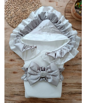 Yenidoğan Mehtap Lüks Kelebek Taç Nakışlı Bebek Battaniyesi Kundak Gri